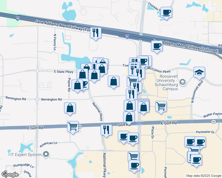 map of restaurants, bars, coffee shops, grocery stores, and more near 1130 Remington Road in Schaumburg
