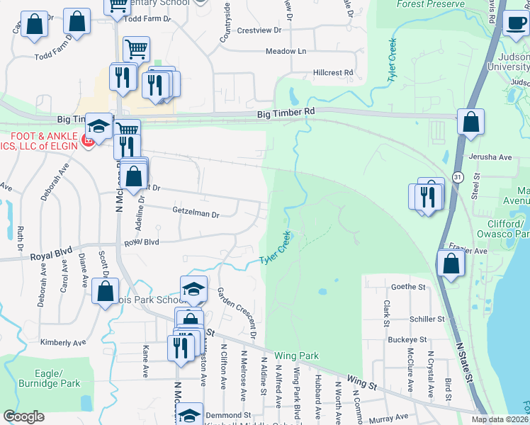 map of restaurants, bars, coffee shops, grocery stores, and more near 1145 Royal Boulevard in Elgin
