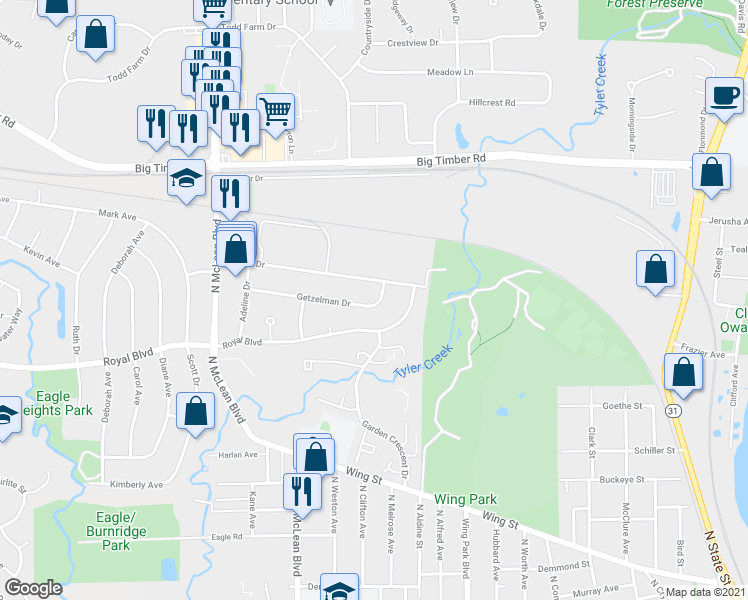 map of restaurants, bars, coffee shops, grocery stores, and more near 1269 Getzelman Drive in Elgin
