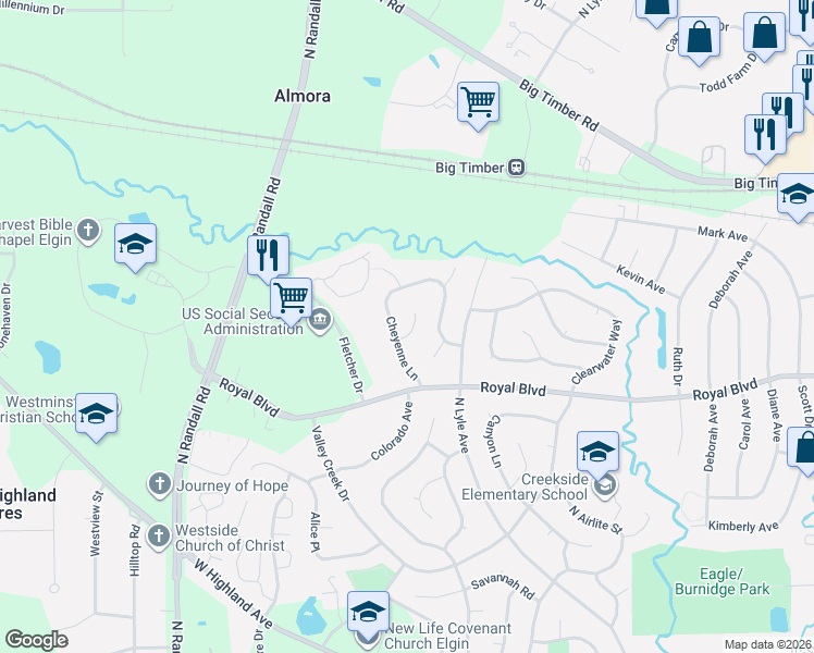 map of restaurants, bars, coffee shops, grocery stores, and more near 765 Cheyenne Court in Elgin