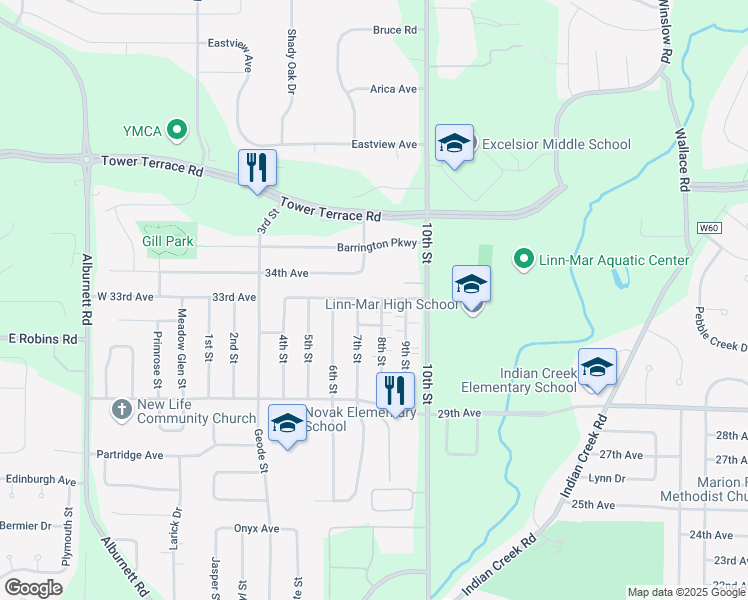 map of restaurants, bars, coffee shops, grocery stores, and more near 3275 7th Street in Marion