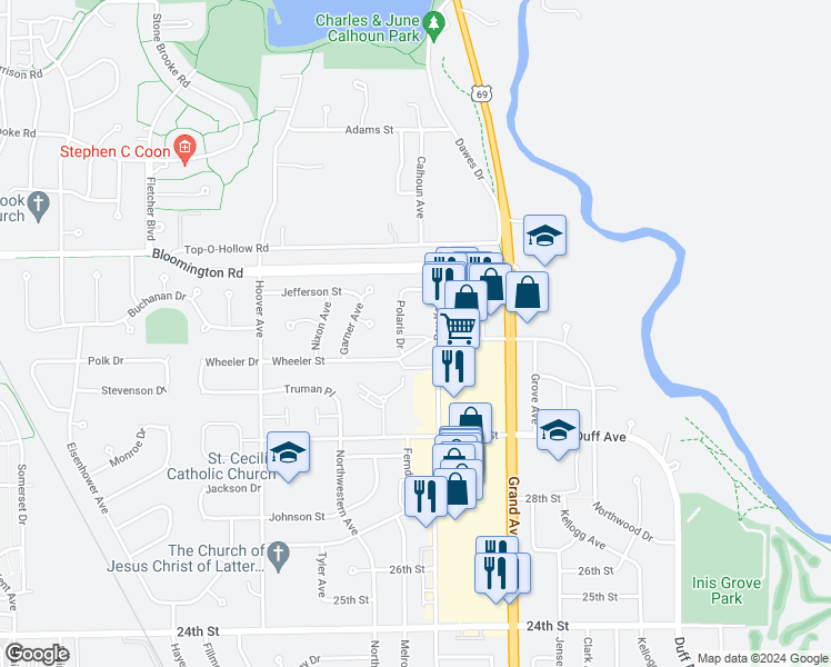 map of restaurants, bars, coffee shops, grocery stores, and more near 3219 Roy Key Avenue in Ames