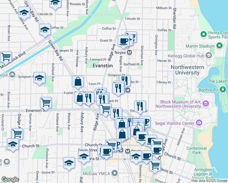 map of restaurants, bars, coffee shops, grocery stores, and more near 2001 Pratt Court in Evanston