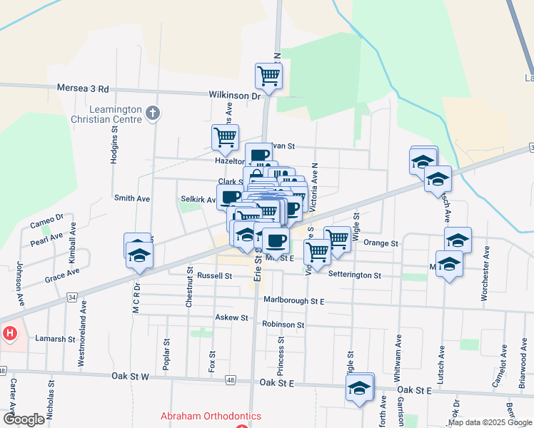 map of restaurants, bars, coffee shops, grocery stores, and more near 21 County Road 34 in Essex County