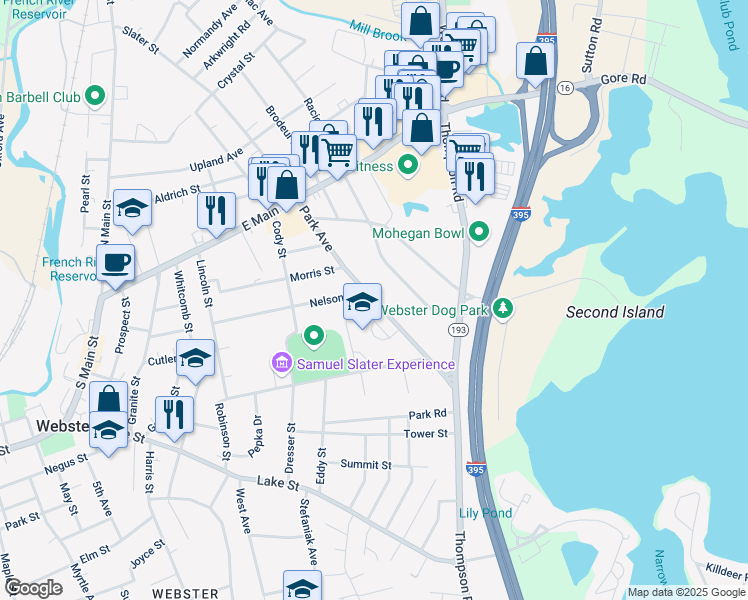 map of restaurants, bars, coffee shops, grocery stores, and more near 58 Park Avenue in Webster