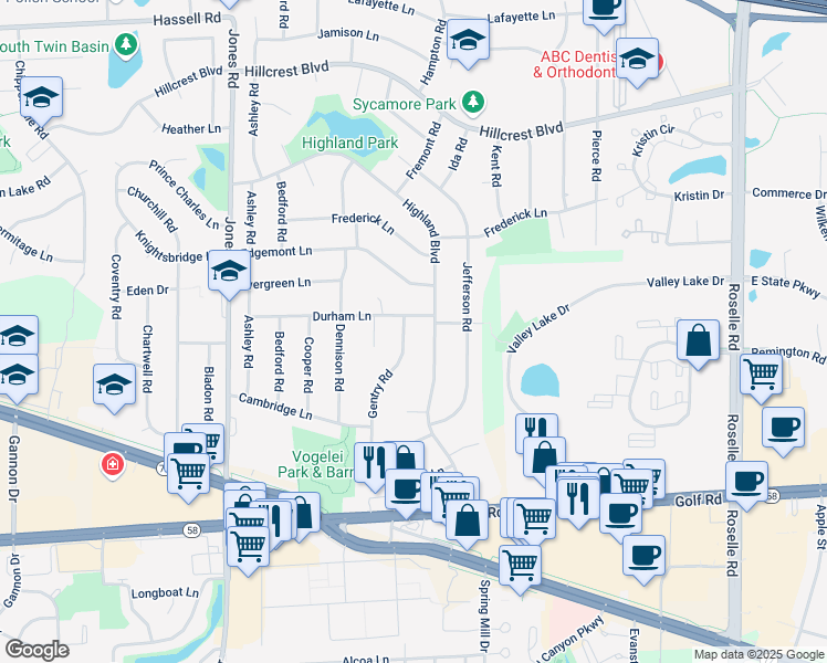 map of restaurants, bars, coffee shops, grocery stores, and more near 1485 Gentry Rd in Hoffman Estates