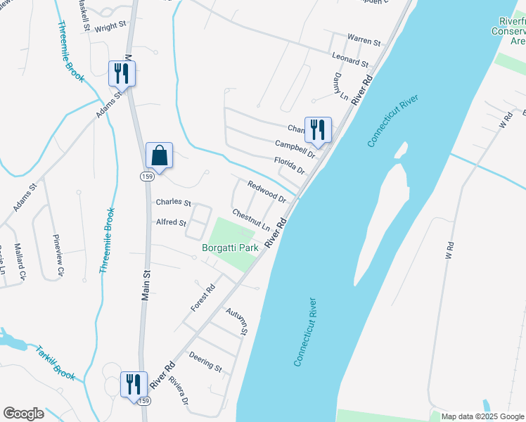 map of restaurants, bars, coffee shops, grocery stores, and more near 15 Sycamore Terrace in Agawam