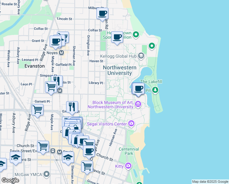 map of restaurants, bars, coffee shops, grocery stores, and more near in Evanston