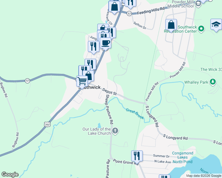 map of restaurants, bars, coffee shops, grocery stores, and more near 20 Depot Street in Southwick