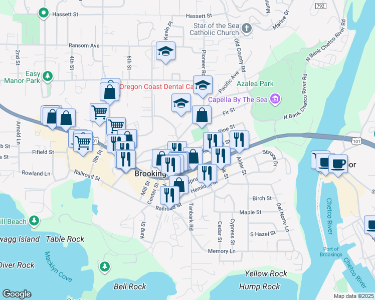 map of restaurants, bars, coffee shops, grocery stores, and more near 424 Fern Avenue in Brookings