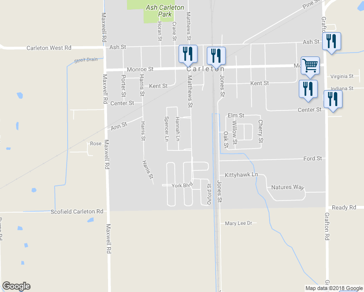 map of restaurants, bars, coffee shops, grocery stores, and more near 12204 Hannah Lane in Carleton