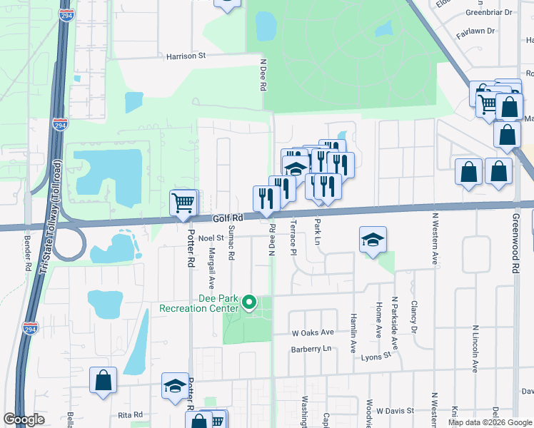 map of restaurants, bars, coffee shops, grocery stores, and more near 9226 Golf Road in Des Plaines