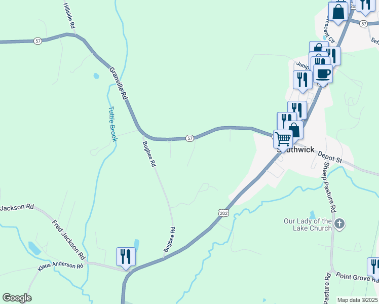 map of restaurants, bars, coffee shops, grocery stores, and more near 11 Maple Street in Southwick