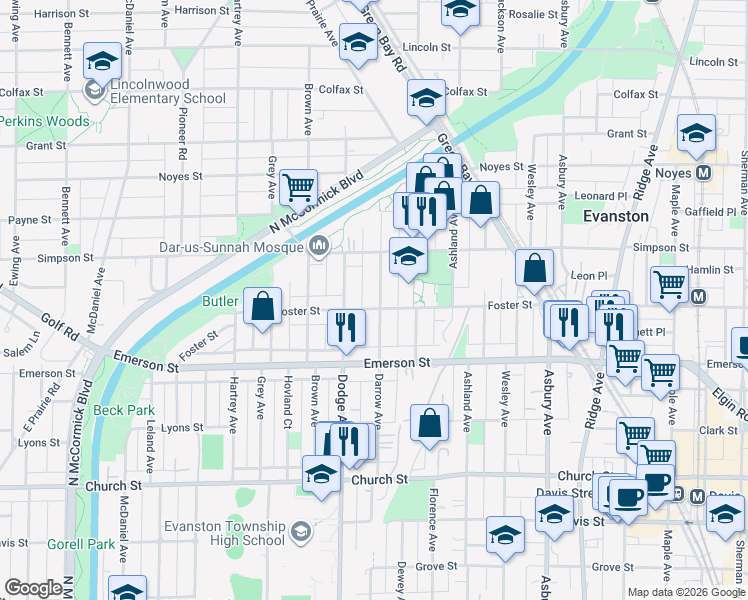 map of restaurants, bars, coffee shops, grocery stores, and more near 2006 Darrow Avenue in Evanston