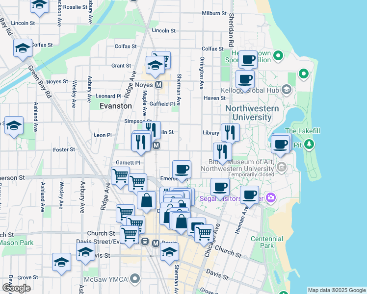 map of restaurants, bars, coffee shops, grocery stores, and more near 2001 Sherman Avenue in Evanston