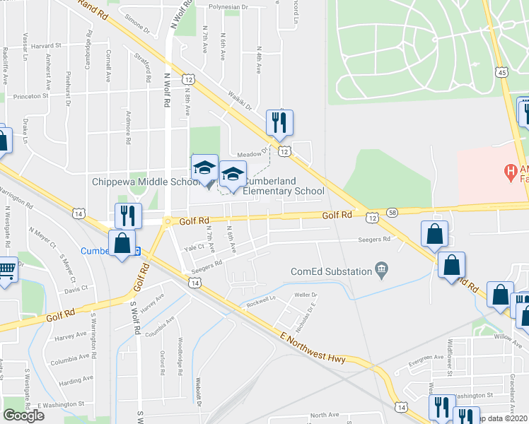 map of restaurants, bars, coffee shops, grocery stores, and more near 790 East Golf Road in Des Plaines