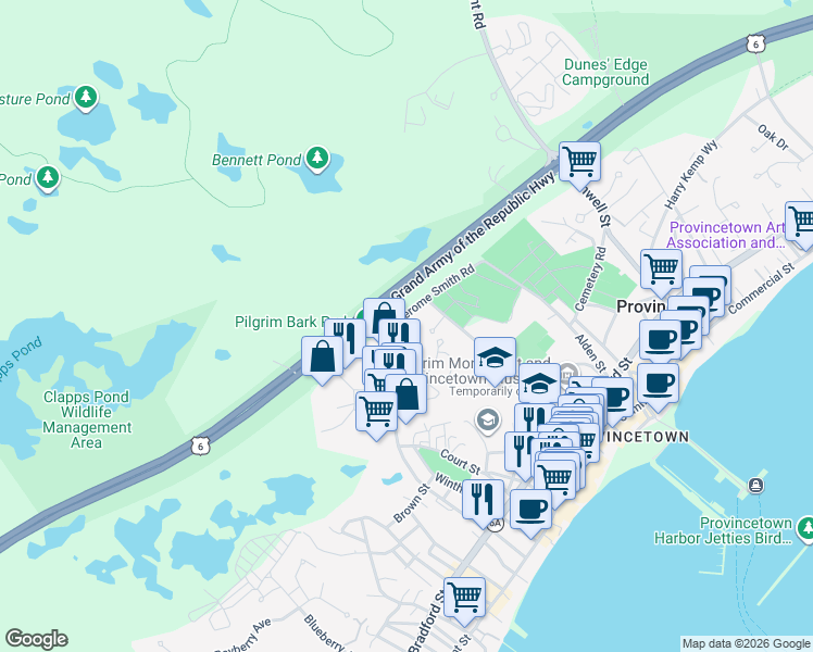 map of restaurants, bars, coffee shops, grocery stores, and more near 3 Jerome Smith Road in Provincetown