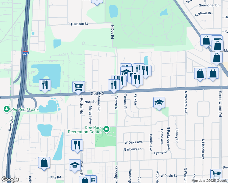 map of restaurants, bars, coffee shops, grocery stores, and more near 9226 West Golf Road in Des Plaines