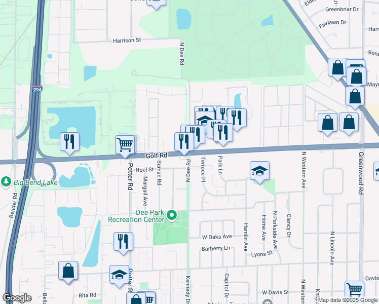 map of restaurants, bars, coffee shops, grocery stores, and more near W Golf Rd & Dee Rd in Niles