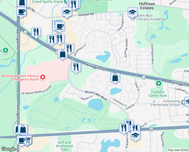 map of restaurants, bars, coffee shops, grocery stores, and more near 1633 Cornell Drive in Hoffman Estates