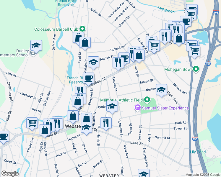 map of restaurants, bars, coffee shops, grocery stores, and more near 24 Lincoln Street in Webster