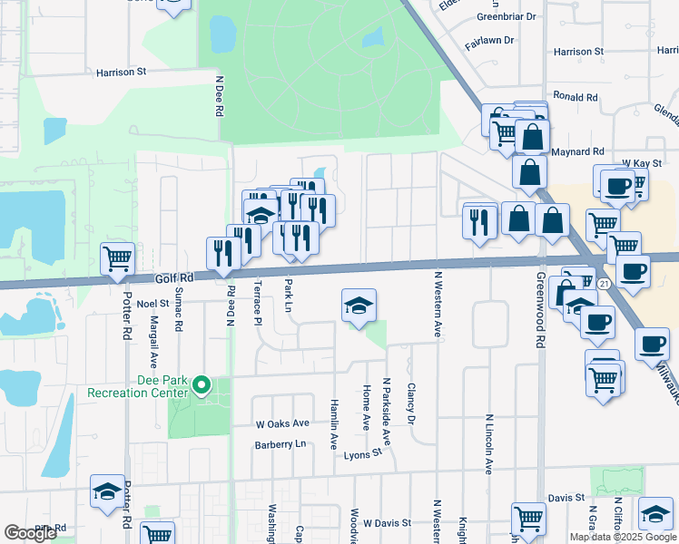 map of restaurants, bars, coffee shops, grocery stores, and more near 8941 West Golf Road in Niles