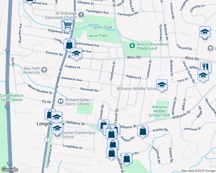 map of restaurants, bars, coffee shops, grocery stores, and more near 197 Greenacre Avenue in Longmeadow