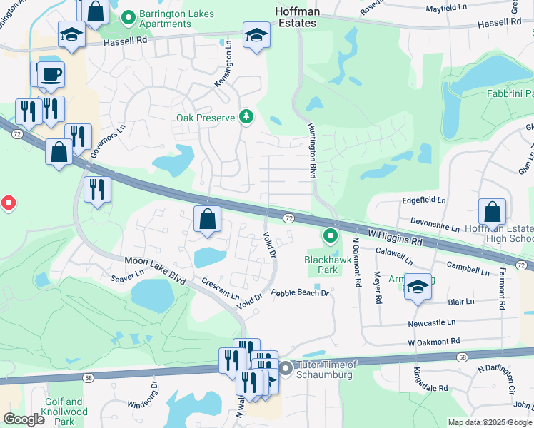 map of restaurants, bars, coffee shops, grocery stores, and more near W Higgins Rd & Volid Dr in Hoffman Estates