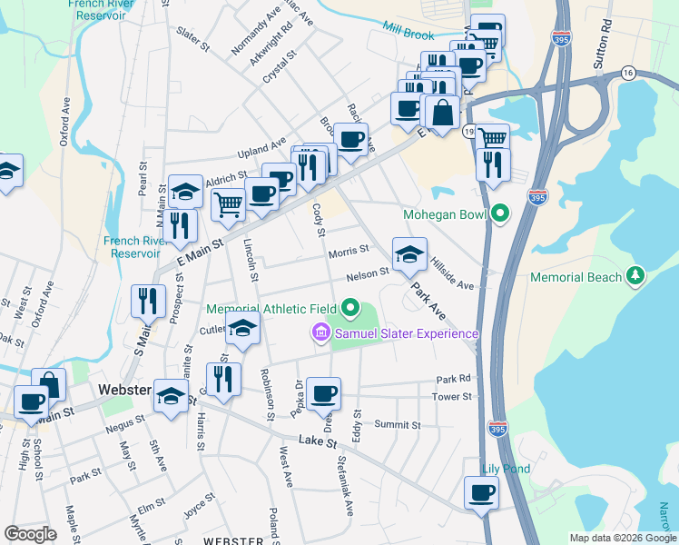 map of restaurants, bars, coffee shops, grocery stores, and more near 32 Nelson Street in Webster