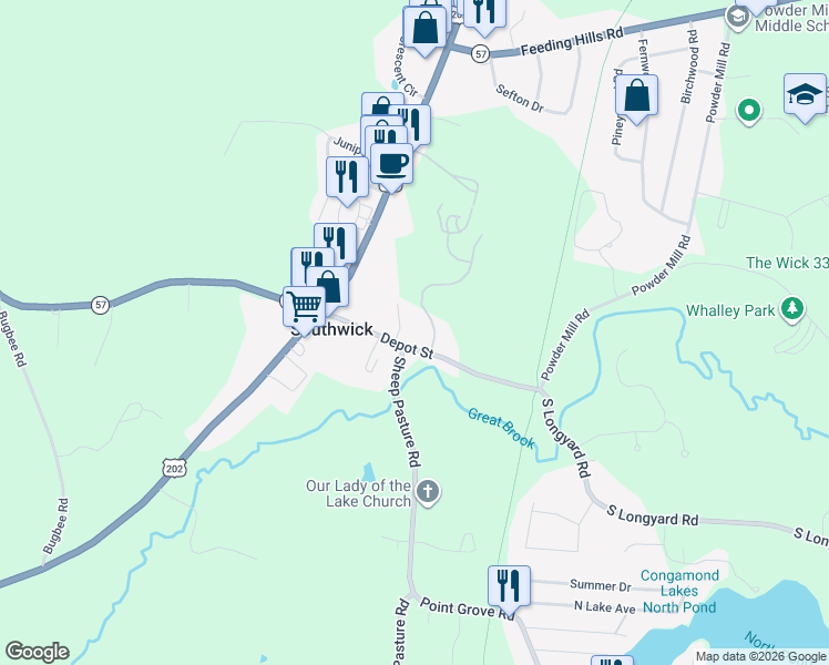 map of restaurants, bars, coffee shops, grocery stores, and more near 20 Depot Street in Southwick