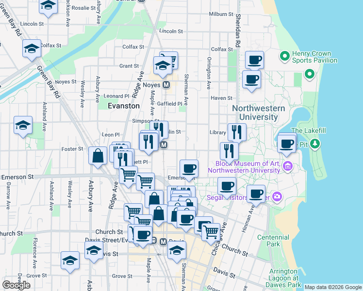 map of restaurants, bars, coffee shops, grocery stores, and more near 811 Foster Street in Evanston