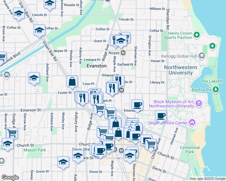 map of restaurants, bars, coffee shops, grocery stores, and more near 2001 Pratt Court in Evanston