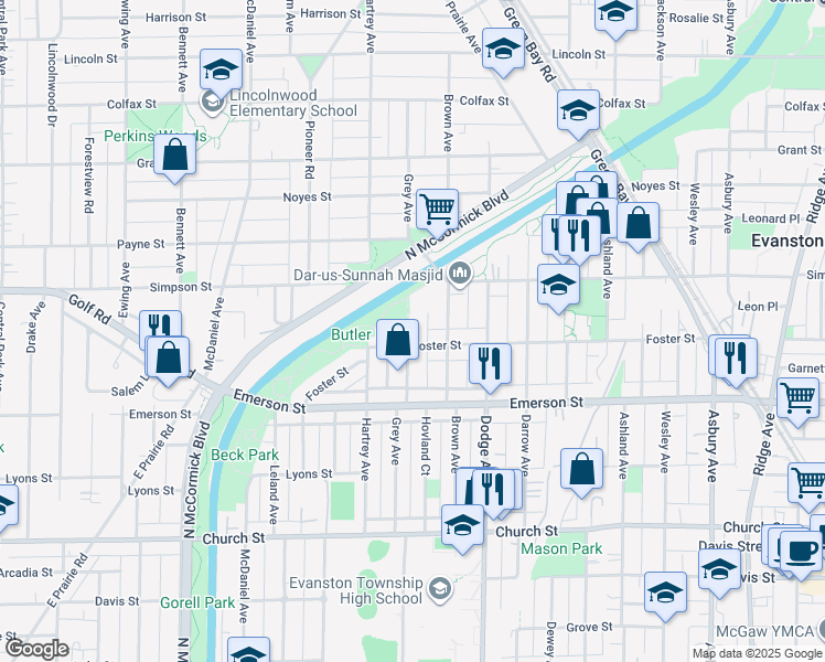 map of restaurants, bars, coffee shops, grocery stores, and more near 2005 Grey Avenue in Evanston