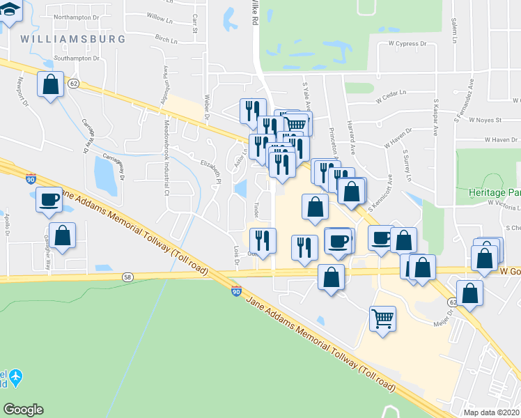 map of restaurants, bars, coffee shops, grocery stores, and more near 5602 Tinder in Rolling Meadows