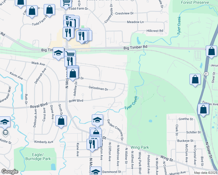 map of restaurants, bars, coffee shops, grocery stores, and more near 1310 Getzelman Drive in Elgin