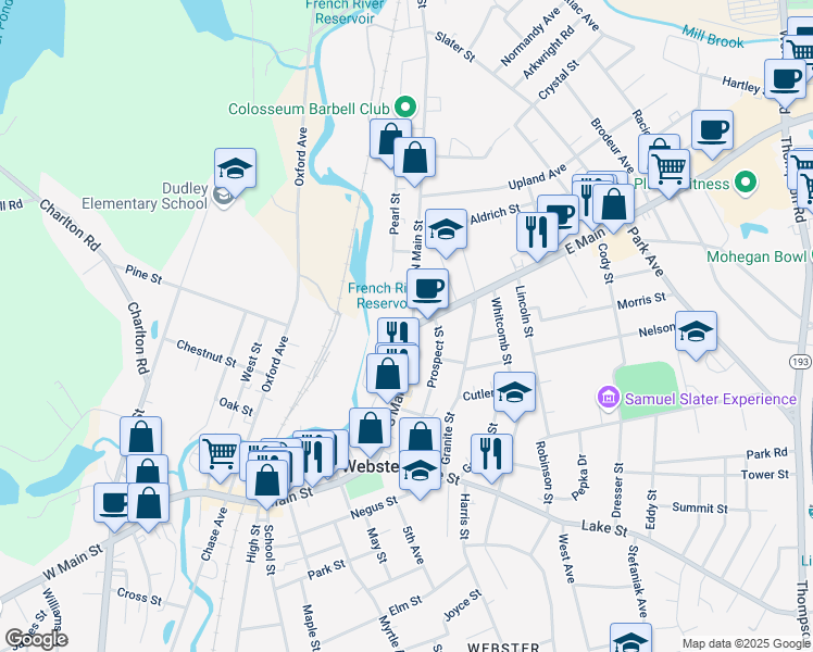 map of restaurants, bars, coffee shops, grocery stores, and more near 1 North Main Street in Webster