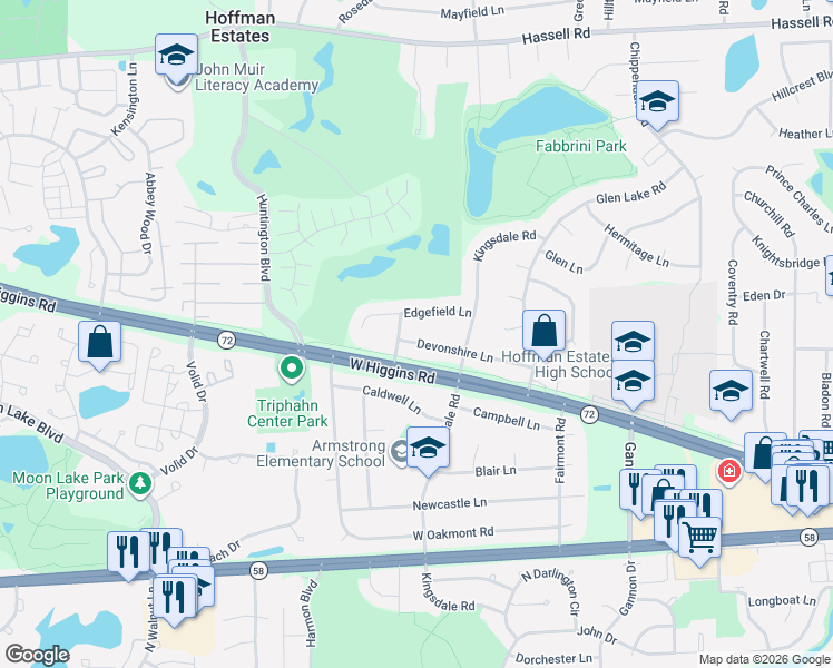 map of restaurants, bars, coffee shops, grocery stores, and more near 1470 Devonshire Lane in Hoffman Estates