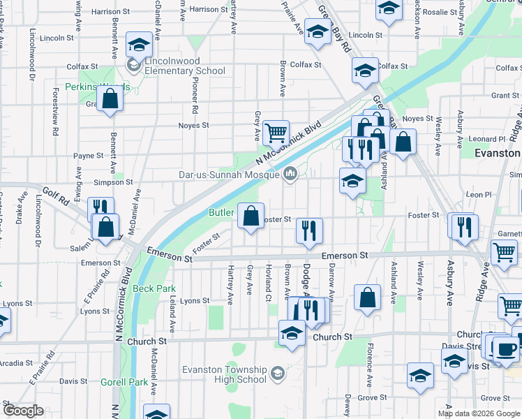 map of restaurants, bars, coffee shops, grocery stores, and more near 2005 Grey Avenue in Evanston