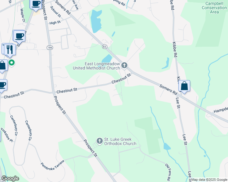 map of restaurants, bars, coffee shops, grocery stores, and more near 52 Chestnut Street Place in East Longmeadow