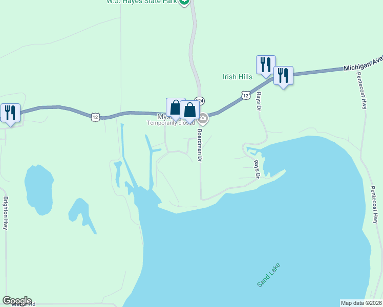 map of restaurants, bars, coffee shops, grocery stores, and more near 7738 Clairmont Road in Onsted