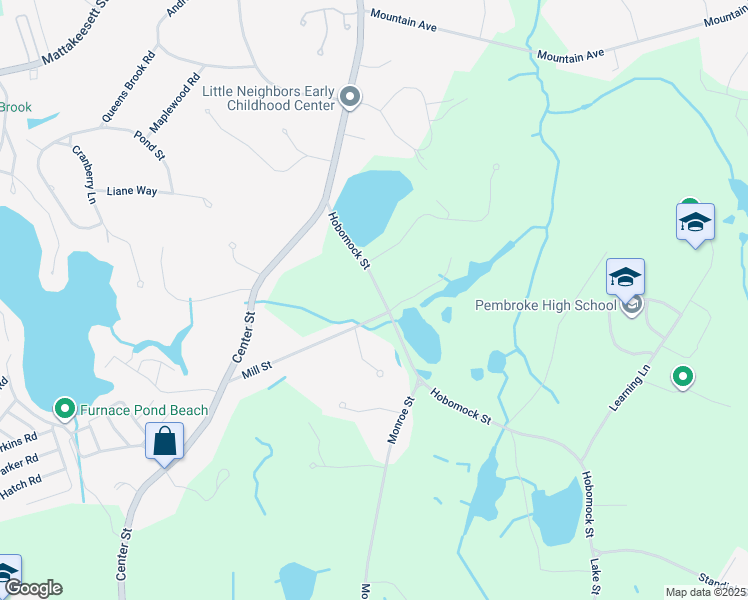 map of restaurants, bars, coffee shops, grocery stores, and more near 57 Hobomock Street in Pembroke
