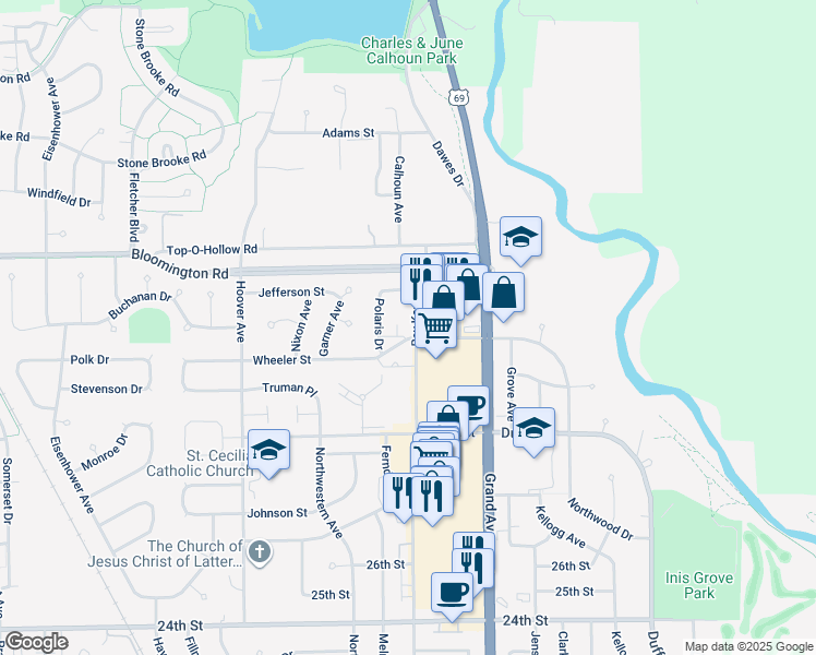 map of restaurants, bars, coffee shops, grocery stores, and more near 3219 Roy Key Avenue in Ames