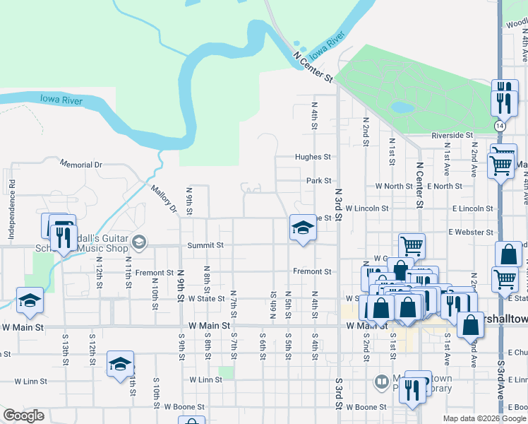 map of restaurants, bars, coffee shops, grocery stores, and more near 601-613 Jerome Street in Marshalltown