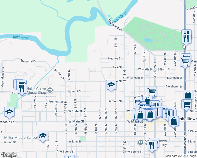 map of restaurants, bars, coffee shops, grocery stores, and more near 601 Jerome Street in Marshalltown
