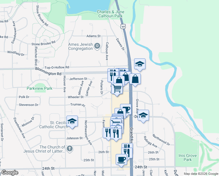 map of restaurants, bars, coffee shops, grocery stores, and more near 3219 Roy Key Avenue in Ames
