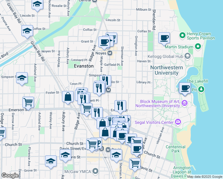 map of restaurants, bars, coffee shops, grocery stores, and more near 811 Foster Street in Evanston