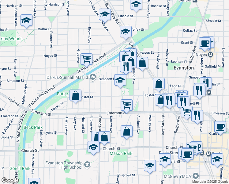 map of restaurants, bars, coffee shops, grocery stores, and more near 2002 Darrow Avenue in Evanston
