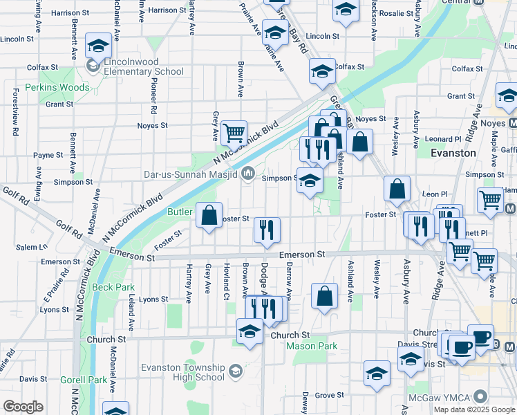 map of restaurants, bars, coffee shops, grocery stores, and more near 2008 Dodge Avenue in Evanston