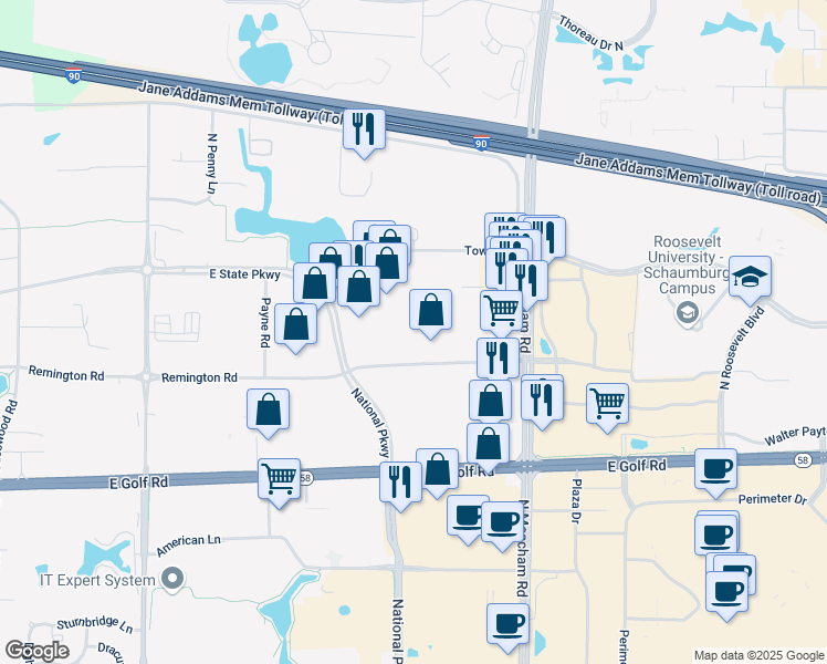 map of restaurants, bars, coffee shops, grocery stores, and more near 1130 Remington Road in Schaumburg