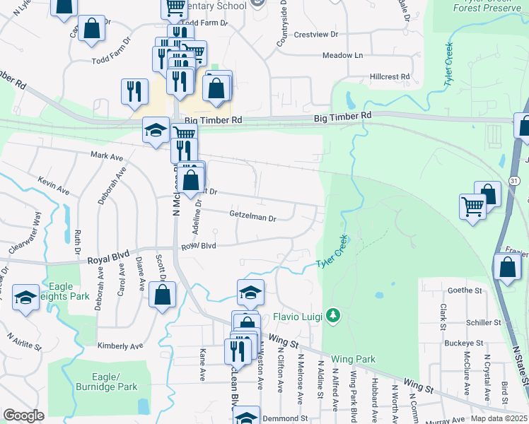map of restaurants, bars, coffee shops, grocery stores, and more near 1310 Getzelman Drive in Elgin